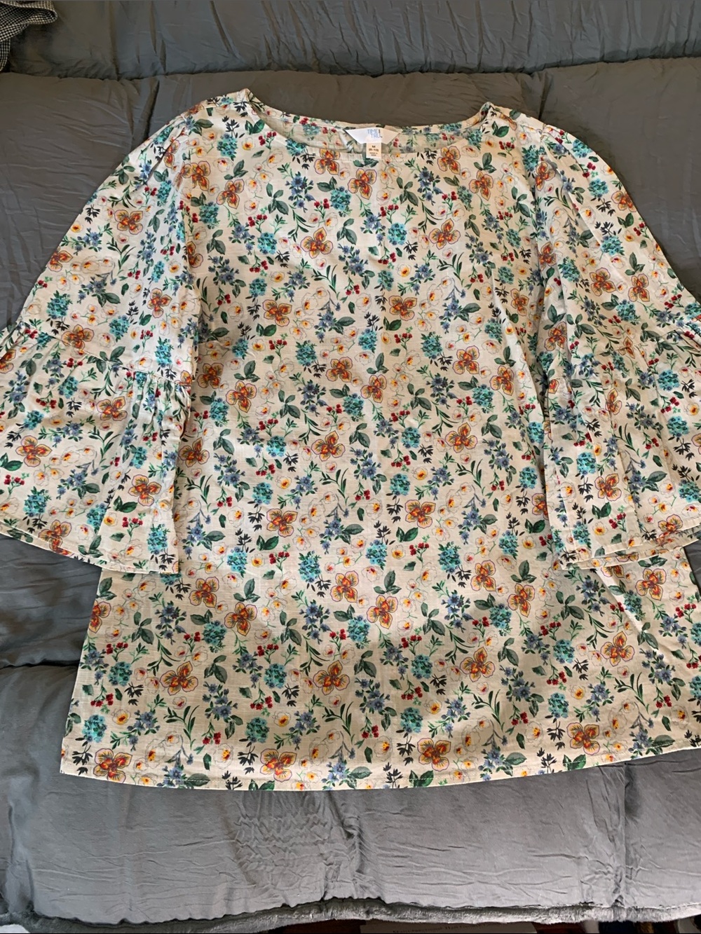 Time and Tru Cream Floral Bell-Sleeve Blouse